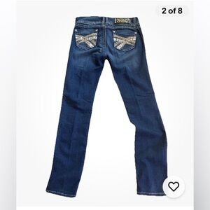 Fergino13 Low Rise, Rhinestone and Denim Embellished boot cut blue jeans. size M